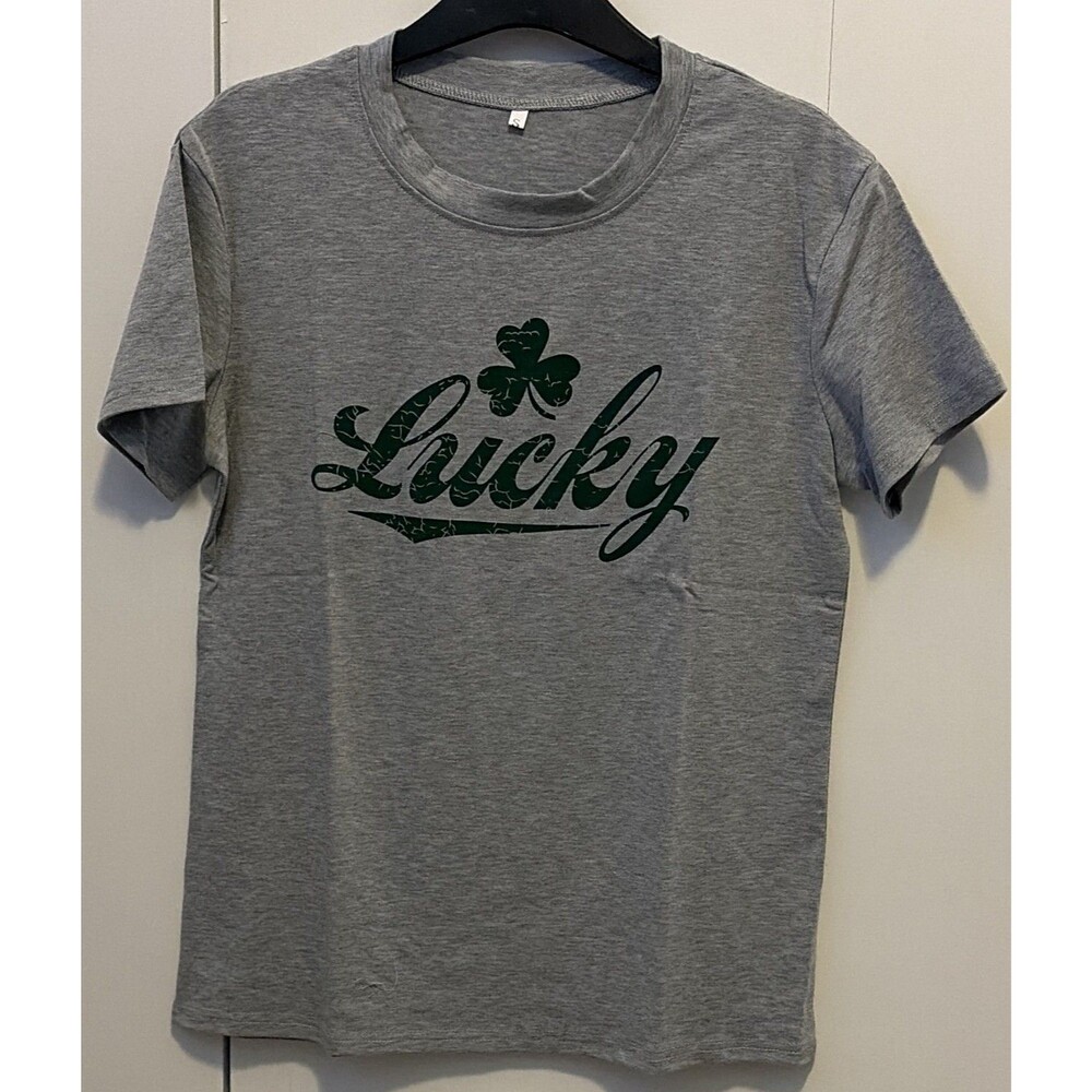 Women’s Gray Lucky Shamrock St. Patrick's Day Graphic Crew Neck T-Shirt Size S